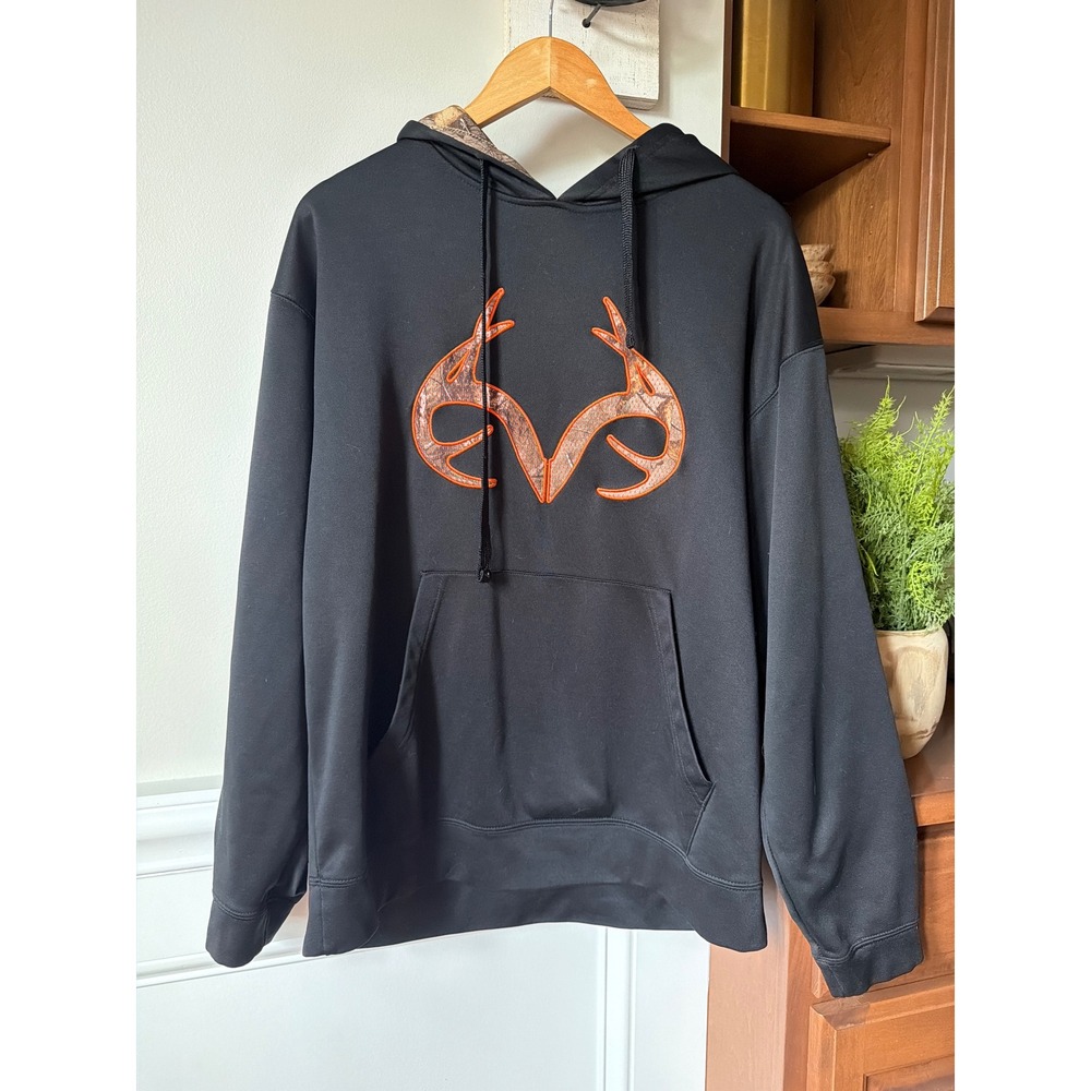 Realtree Hoodie Mens L Black Camo Antler Performance Sweatshirt Hunting Outdoors